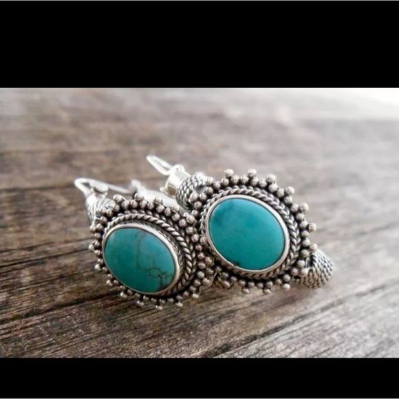 Tibetian silver and turquoise boho small hoop earrings new - Picture 3 of 9